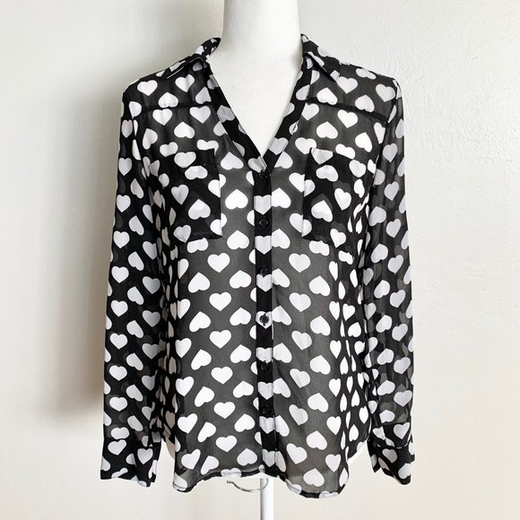 Express Tops - Express Black & White Hearts Sheer Button Blouse